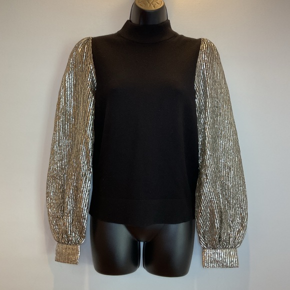 Tory Burch Cashmere Sweater Metallic Balloon Sleeve Mock Neck Black Gold S - Picture 2 of 9